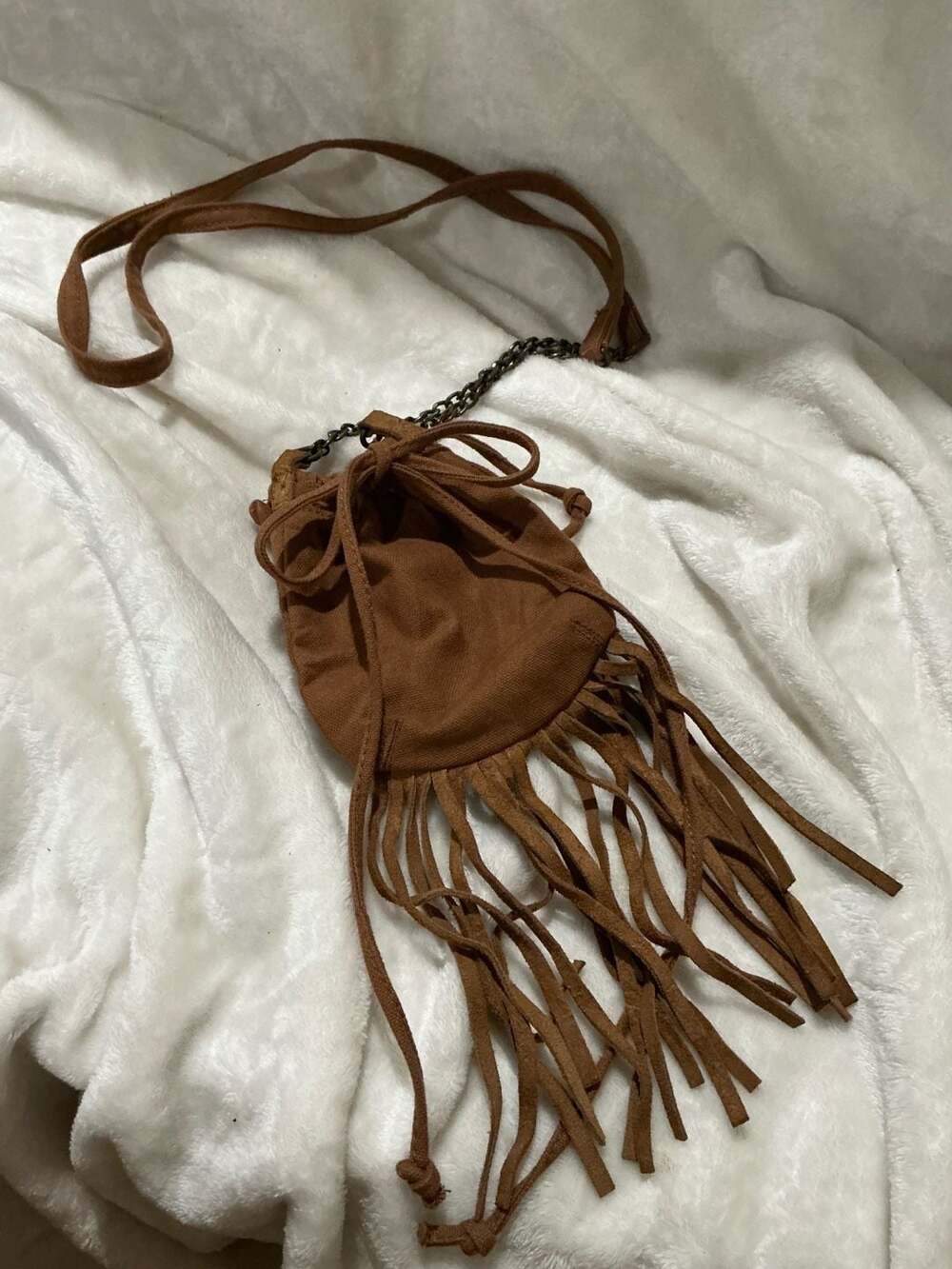American Eagle Outfitters Brown Cotton Cow Leather Fringe Drawstring Crossbody